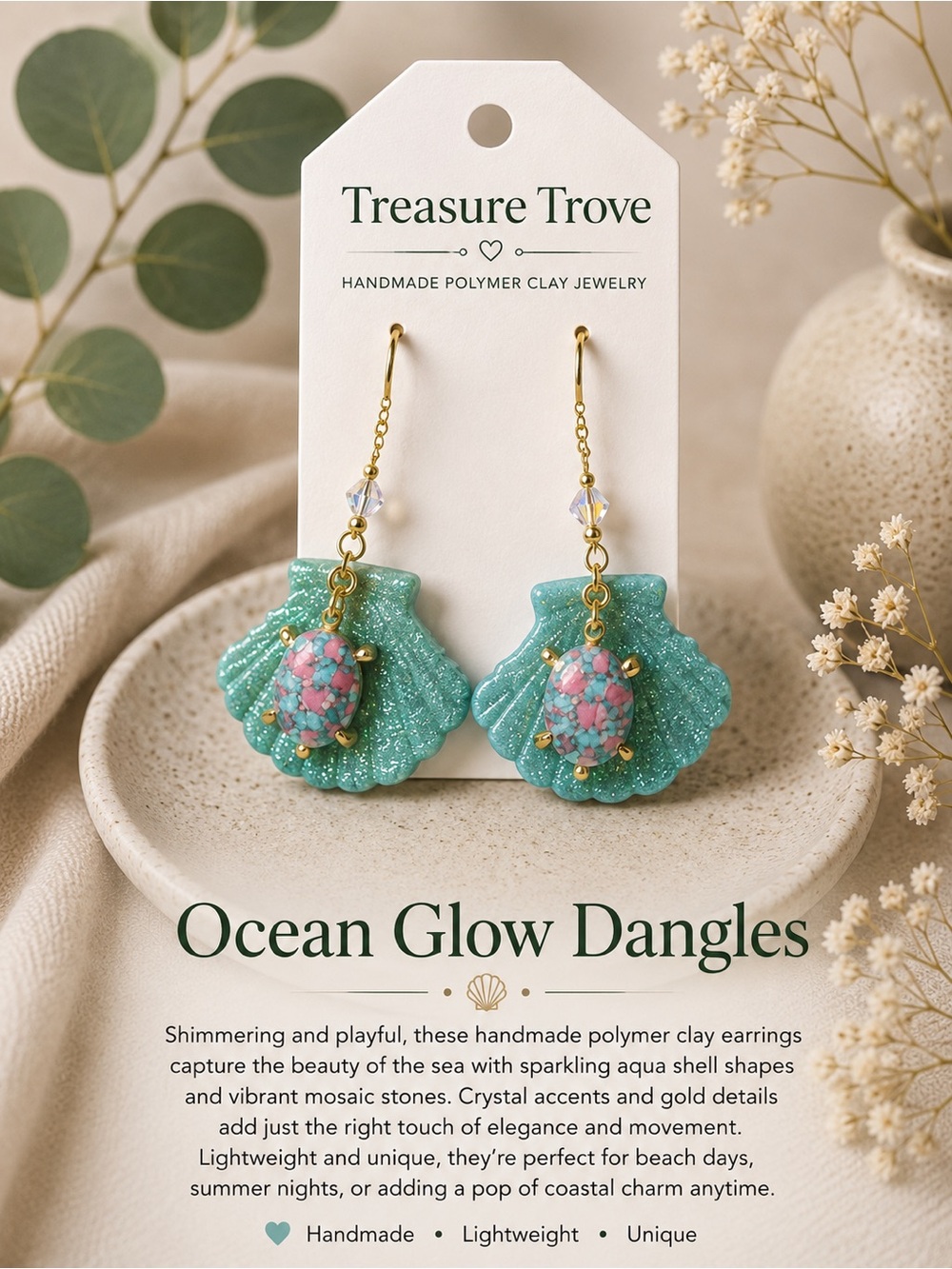 Treasure Trove Aqua Shell Drop Earrings with Pink Mosaic